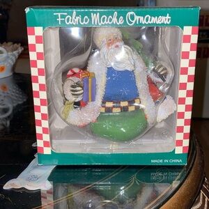 Vintage Christmas Fabric Mache Ornament Santa With Presents & Christmas Tree VN